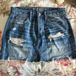 American Eagle Outfitters Ripped Blue Denim Mini Skirt button fly